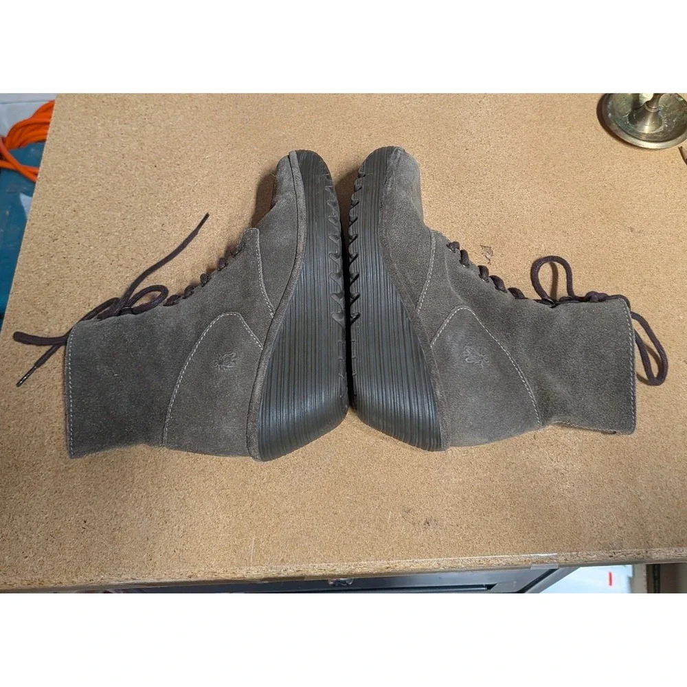 Fly London Yip Grey Green Suede Wedge Ankle Boots Lace Up Side Zip Women Size 39